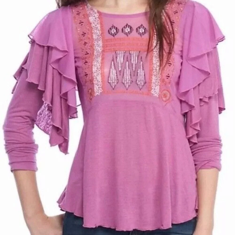 Free People Womens La Cienega Top Small Wisteria Purple Embroidered Sheer BOHO - Picture 1 of 12